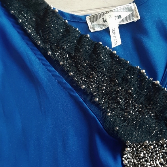 Kirra Beaded Peter Pan Collar Royal Blue Lightweight Retro Dressy Satin Tank - Picture 8 of 9